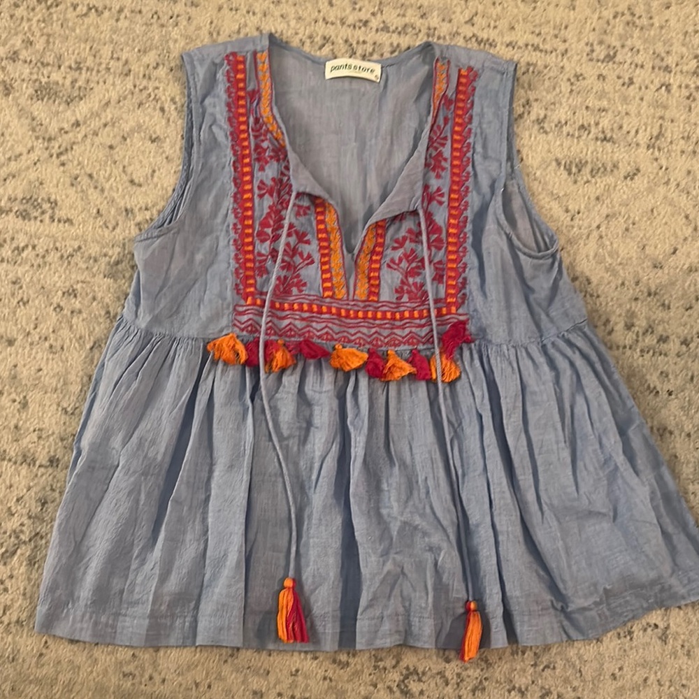 The Pants Store Boho Embroidered Blue Empire Waist Tank Top